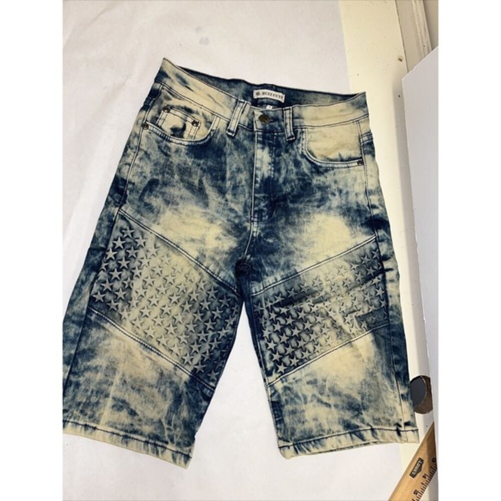 Buzz Jeans Women‎ Sz 2 Distress Blue Denim Bermuda Shorts Stars Embossed Stretch